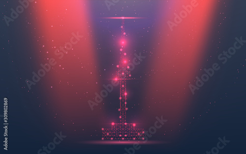 Abstract vector Illustration wireframe telecommunications signal transmitter. Korea radio antenna tower from lines and triangles, point connecting network. Red christmas background