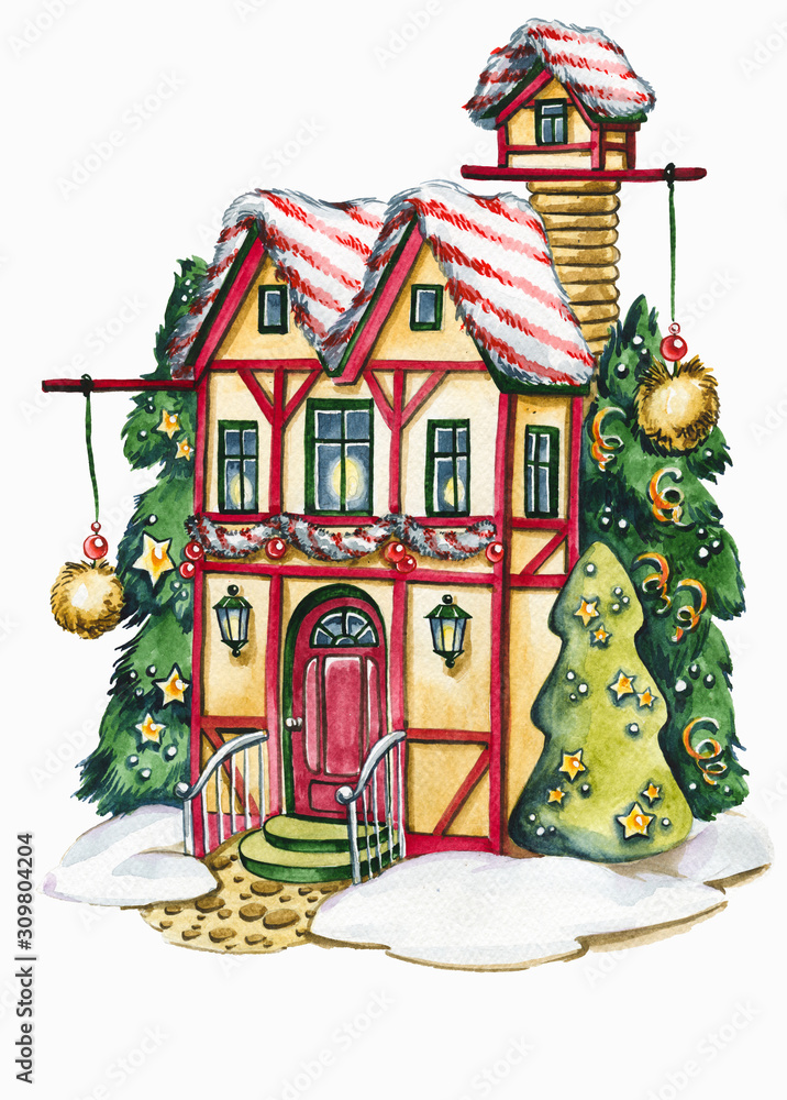 Fairytale house hand drawn watercolor illustration. Fabulous hut facade surrounded by decorated New Year trees