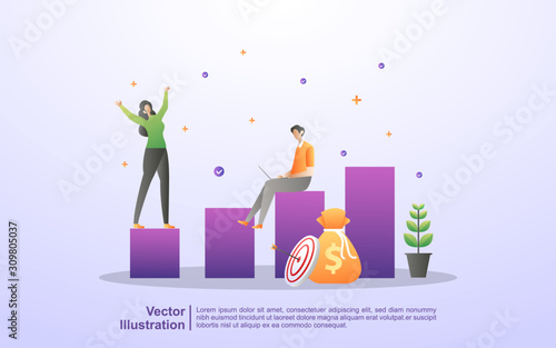 Business Growth concept. People Celebrate Success on the chart, business success, financial freedom. Can use for web landing page, banner, flyer, mobile app. Vector Illustration