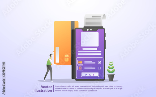 Online payment concept. People pay for online shopping using a debit or credit card. Online payment through the mobile app. Can use for web landing page, banner, flyer, mobile app. Vector Illustration