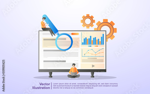 SEO Optimization concept. SEO marketing company, SEO result optimization, SEO Ranking. Can use for web landing page, banner, flyer, mobile app. Vector Illustration