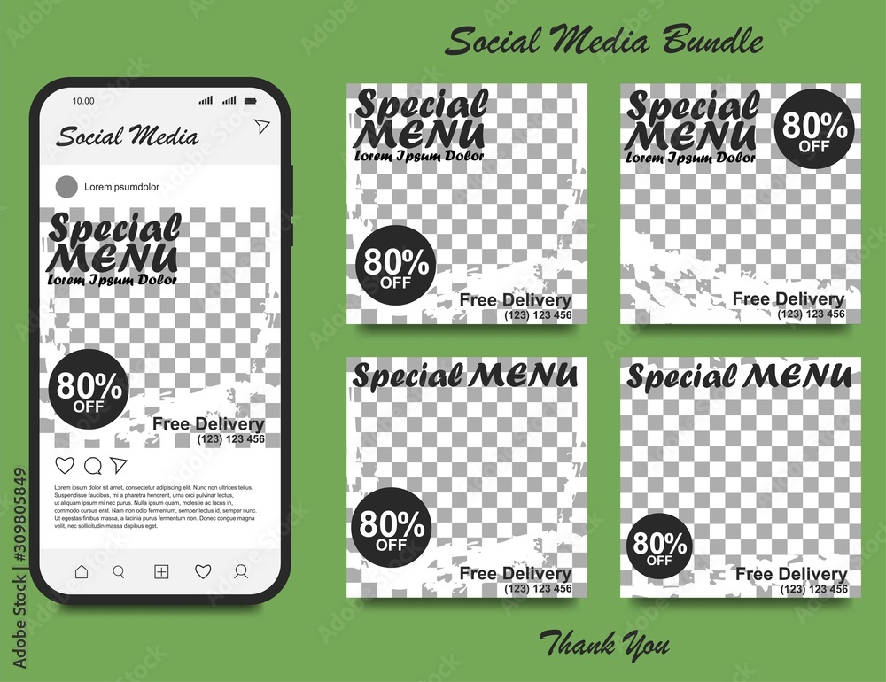 Naklejka Social media banner for food and drink business. Food social media template for restaurant business. Modern social template post banner. Food discount post template.
