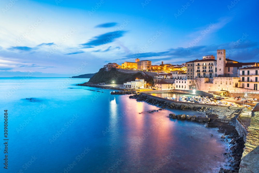 Marina of Piombino blue hour view from piazza bovio.Tuscany Italy