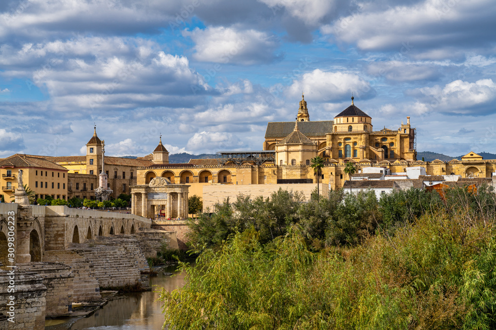Mosque-Cathedral and the Roman Bridge in Cordoba, Andalusia, Spain
