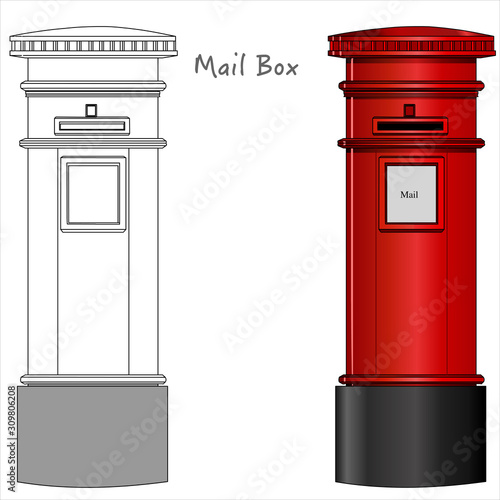 Mail box. London postbox, red mailbox. Black white, technic draw sketch and red colored cylindrical mailbox. England, London classic culture objects. Outline draw Vector