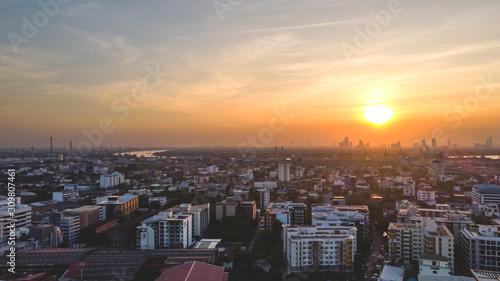 Panorama view of Bangkok city at sunset background, developing country concept, Thailand