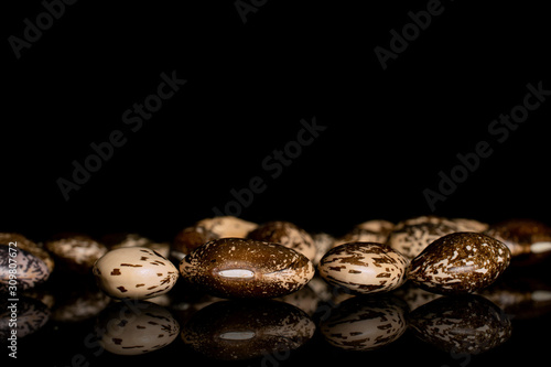 Lot of whole speckled brown bean pinto isolated on black glass
