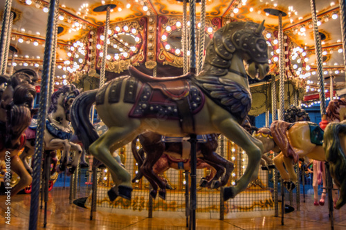  wooden horse of a christmas carousel in Madrid. Spain © claverinza