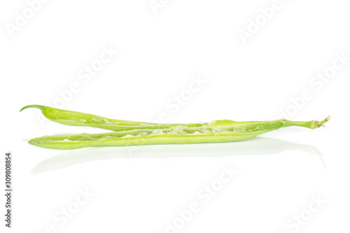 Group of two halves of snap green bean isolated on white background