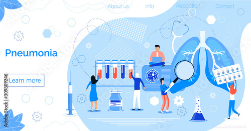 Pneumonia or pulmonology vector concept on blue background. Tuberculosis, bronchitis, lung diagnosis x-ray machine. Tiny doctors treat, scan lungs, it is landing page