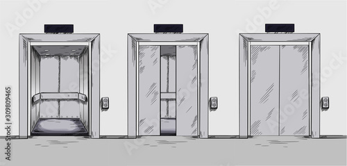 Hand drawn elevators, open, closed and semi-closed