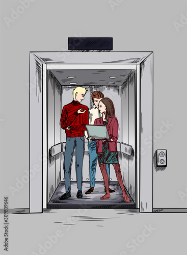 Elevator pitch, two young men and woman
