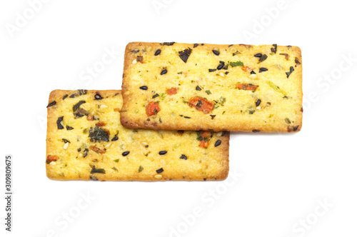Thin biscuit with veggies flavored isolated on white background.