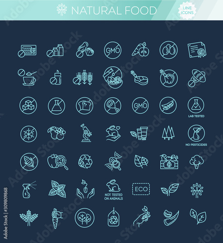 Natural food flat line icons set. Thin signs for packaging