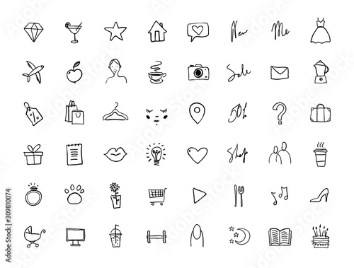 Icon set for social media, personal brand, cosmetics store, women s clothing, healthy eating. Sketch thin line, Vector illustration isolated on a white background.