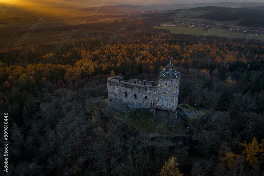 Naklejka premium Radyne Castle is a castle situated on a hill of the same name, near the town of Stary Plzenec, in the Pilsner Region of the Czech Republic. Radyne, like the similarly conceived Kasperk.