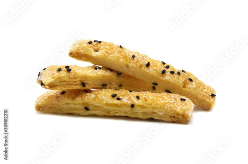 Pie or Bread stick with black sesame isolated on white background.
