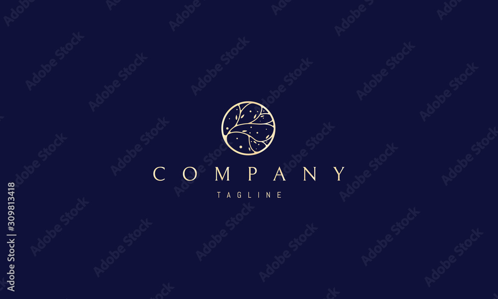 Vector golden logo on which an abstract image of a tree branch in a circle. Vector golden logo on which an abstract image of a tree branch in a circle.