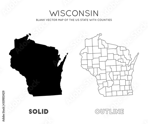 Wisconsin map. Blank vector map of the US State with counties. Borders of Wisconsin for your infographic. Vector illustration.