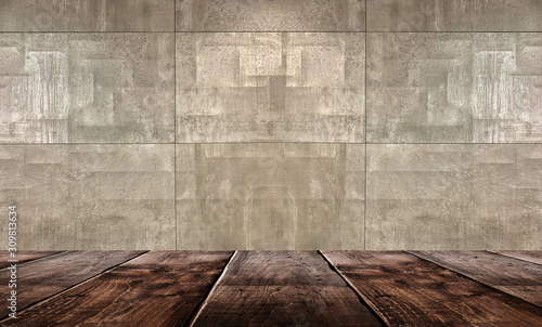 Wooden table, empty room wi...