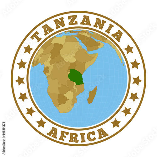Tanzania logo. Round badge of country with map of Tanzania in world context. Country sticker stamp with globe map and round text. Vector illustration.