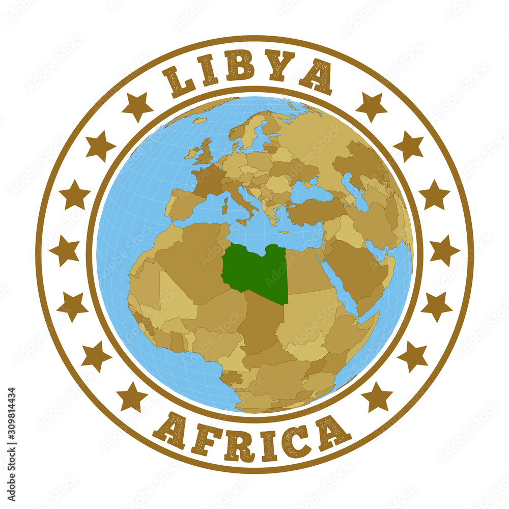 Libya logo. Round badge of country with map of Libya in world context. Country sticker stamp with globe map and round text. Vector illustration. Libya logo. Round badge of country with map of Libya in world context. Country sticker stamp with globe map and round text. Vector illustration.