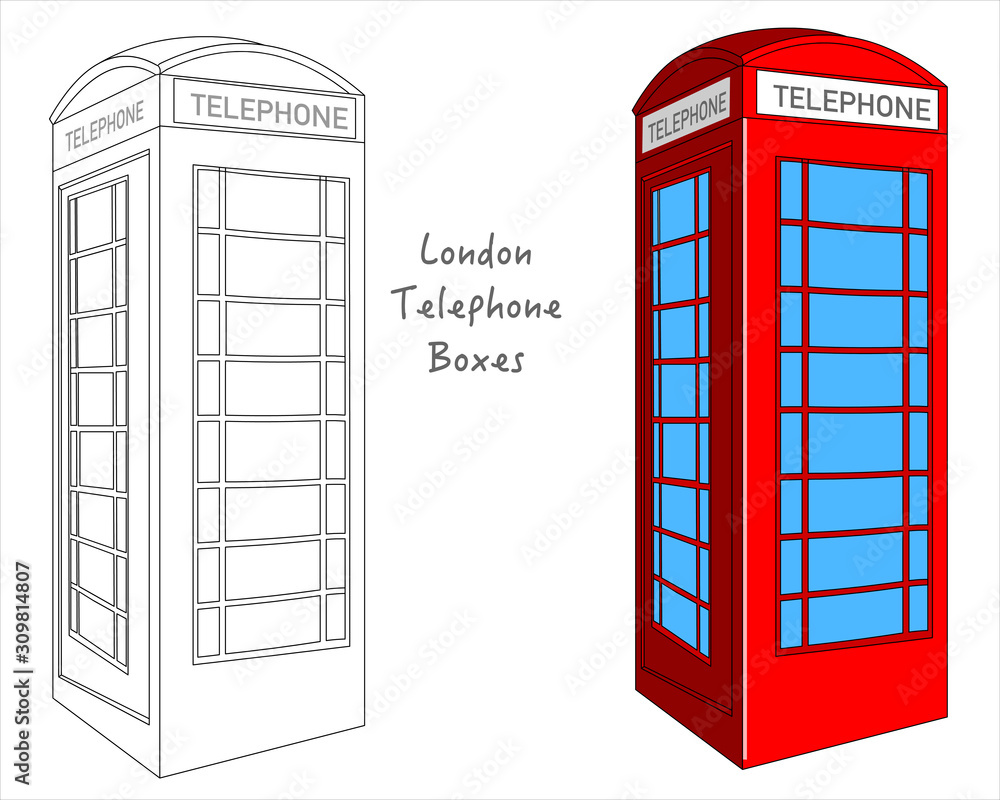 Vettoriale Stock Red British Phone Booth. England, London telephone kiosk.  Black white, technic draw sketch and red colored call box. Britain  telephone booth, UK classic culture objects. Outline draw | Adobe Stock