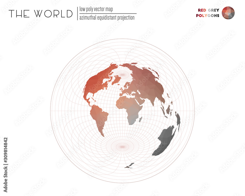 Polygonal world map. Azimuthal equidistant projection of the world. Red and grey colored polygons. Amazing vector illustration. Polygonal world map. Azimuthal equidistant projection of the world. Red and grey colored polygons. Amazing vector illustration.