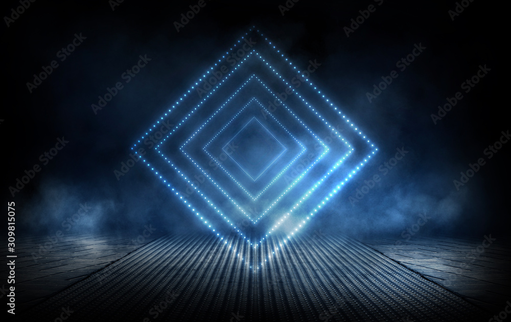 Obraz premium Empty dark scene. Abstract blue background with rays and lines. Blue neon light spotlights. Abstract light, background. Reflection of light in the dark.