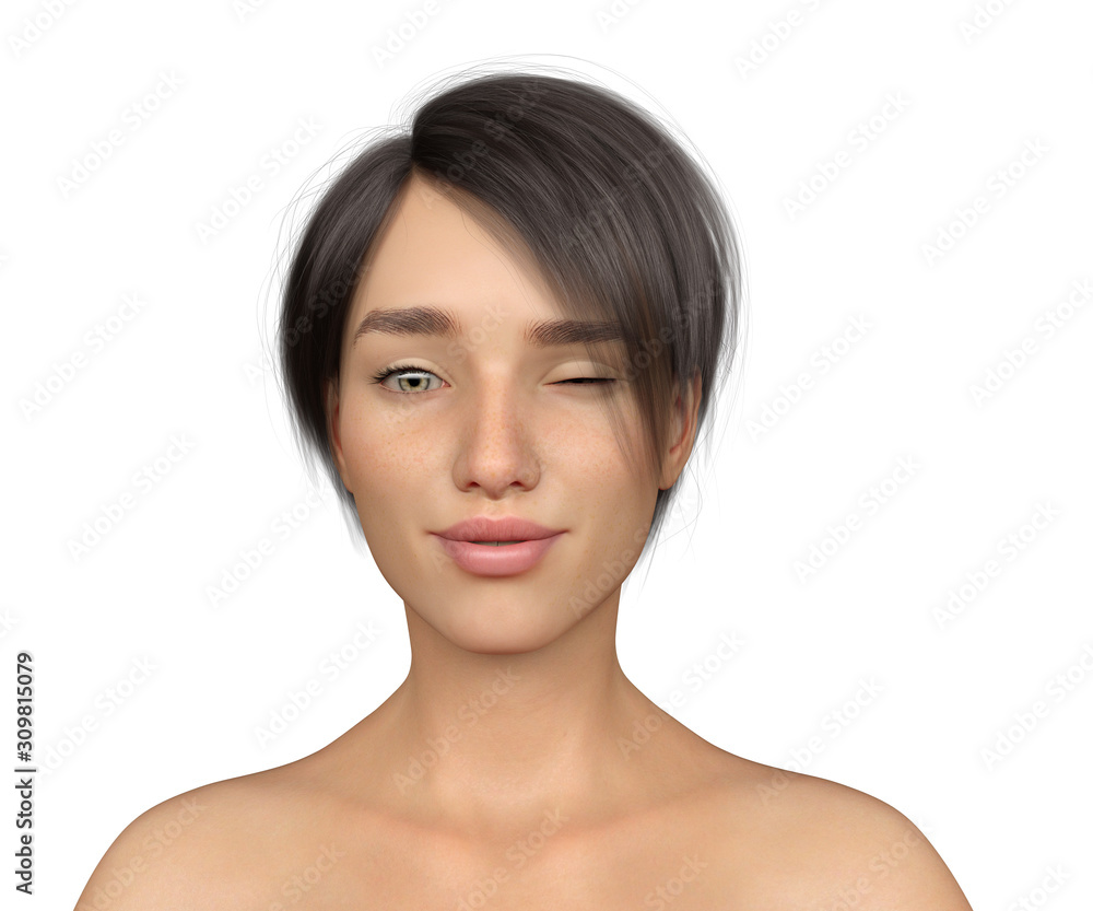 Woman Smiling Portrait on Isolated White, 3D Rendering Woman Smiling Portrait on Isolated White, 3D Rendering