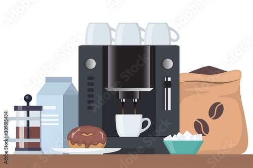 Coffee time concept illustration. Early breakfast with coffee and cake. Coffee machine, cup, cake, milk, sugar. Vector composition for banner and printed materials.