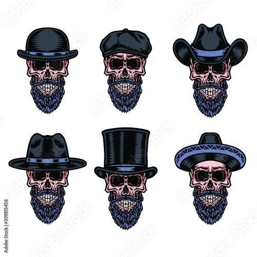 Set of skull beard in hat, hand drawn line with digital color, vector illustration