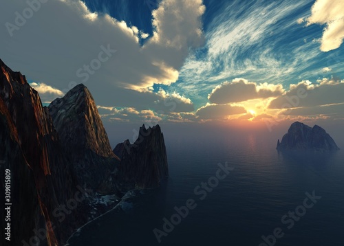 Sea sunset rocky coast at sunrise