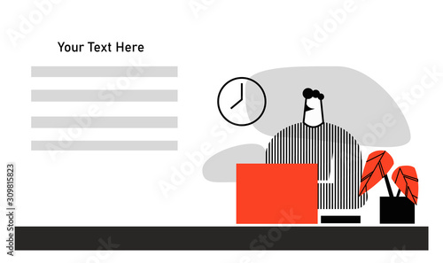 Vector flat illustration of a freelancer worker young man at her workplace at the computer, a cozy place on freelance at home or in an office or cafe for web project or presentation