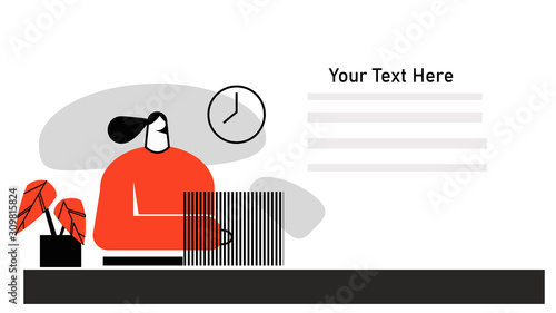 Vector flat illustration of a freelancer worker young woman at her workplace at the computer, a cozy place on freelance at home or in an office or cafe for web project or presentation