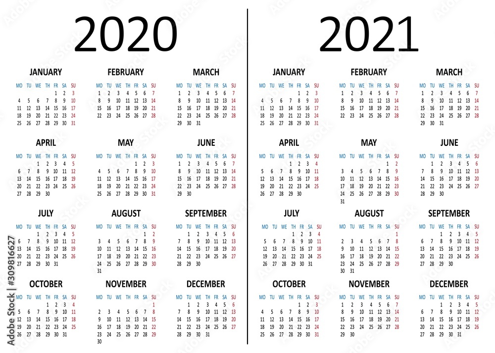 Yearly calendar 2020, 2021. Week starts from Monday. Vector illustration Yearly calendar 2020, 2021. Week starts from Monday. Vector illustration