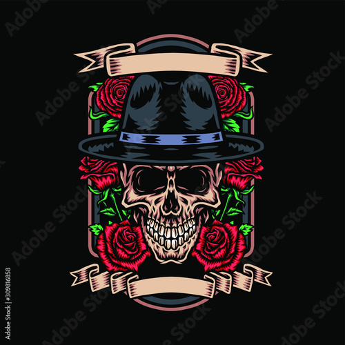 Skull in mafia hat with rose flower, vector illustration