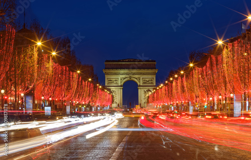 The Triumphal Arch and Champs Elysees avenue illuminated for Christmas 2019 ,Paris, France. © kovalenkovpetr