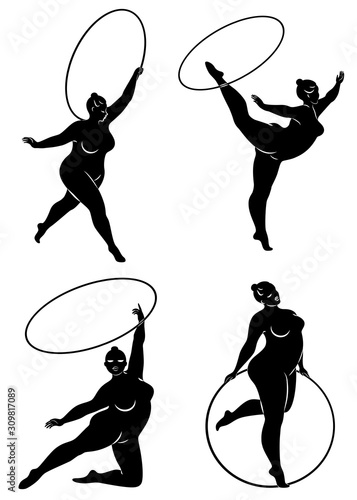 Collection. Gymnastics Silhouette of a girl with a hoop. The woman is overweight, a large body. The girl is a full figure. Set of vector illustrations.