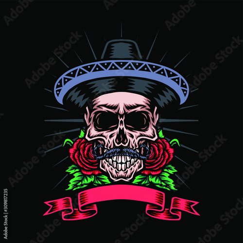 Skull in mexican hat with rose flower, vector illustration