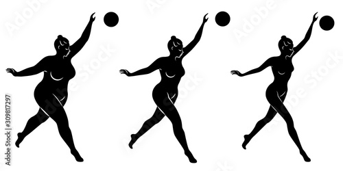 Collection. Silhouette of a cute lady, she is engaged in rhythmic gymnastics with a ball. The woman is overweight and a slender girl athlete. Vector illustration set.
