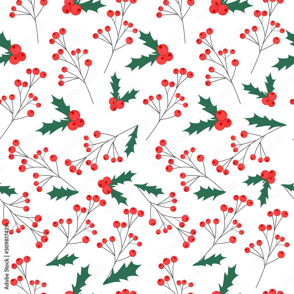 Vector cranberry seamless pattern, print,wallpaper,background. Winter red berries, green leaves or foliage.