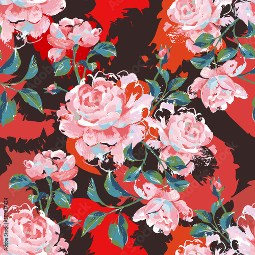 Floral seamless pattern made of gorgeous large roses. Acrilic painting with flower buds and leaves. Botanical illustration for fabric, textile, wallpaper and surface.