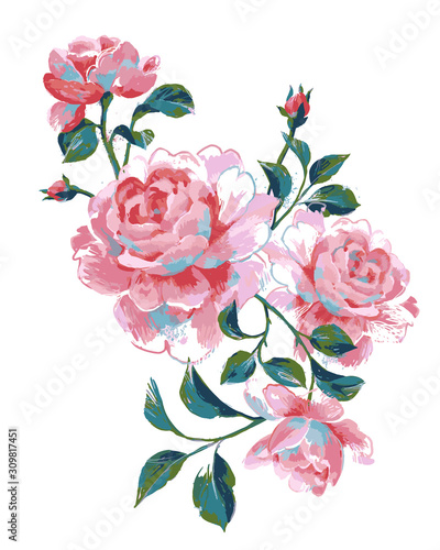 Acrylic floral painting. Bouquet of summer large roses isolated on white. Hand drawn beautiful botanical artwork for poster, card, banner or print.