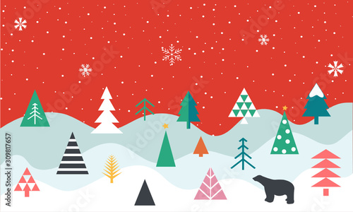 Cartoon nature winter landscape pattern. Christmas postcard, greeting card.