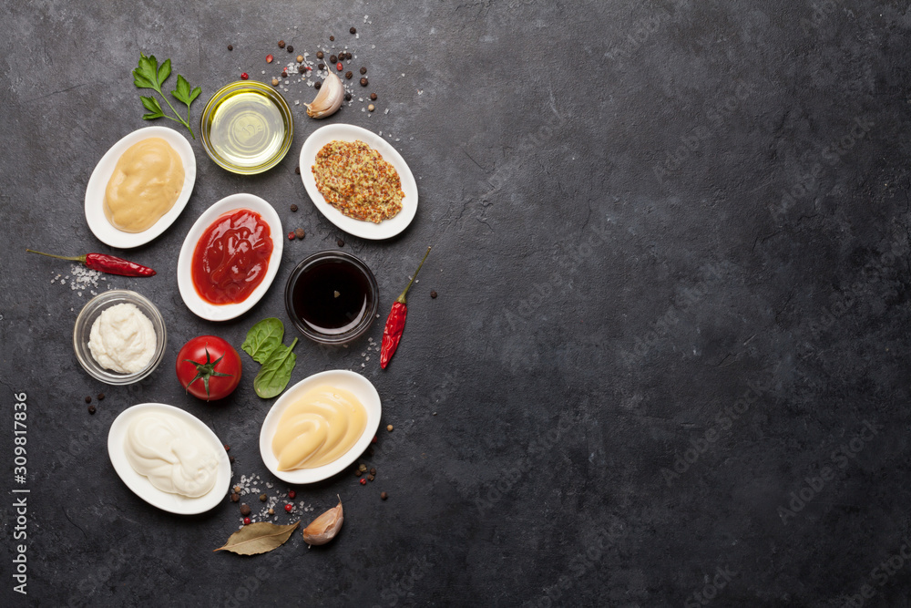 Fototapeta premium Set of various sauces. Popular sauces in bowls