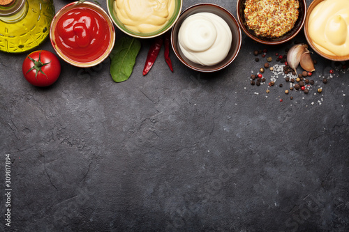 Set of various sauces. Popular sauces in bowls