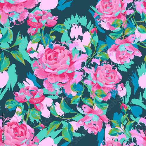 Floral seamless pattern made of gorgeous large roses. Acrilic painting with flower buds and leaves. Botanical illustration for fabric, textile, wallpaper and surface.