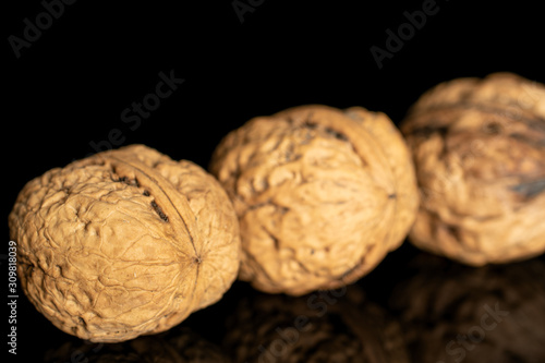 Group of three whole fresh brown walnut isolated on black glass