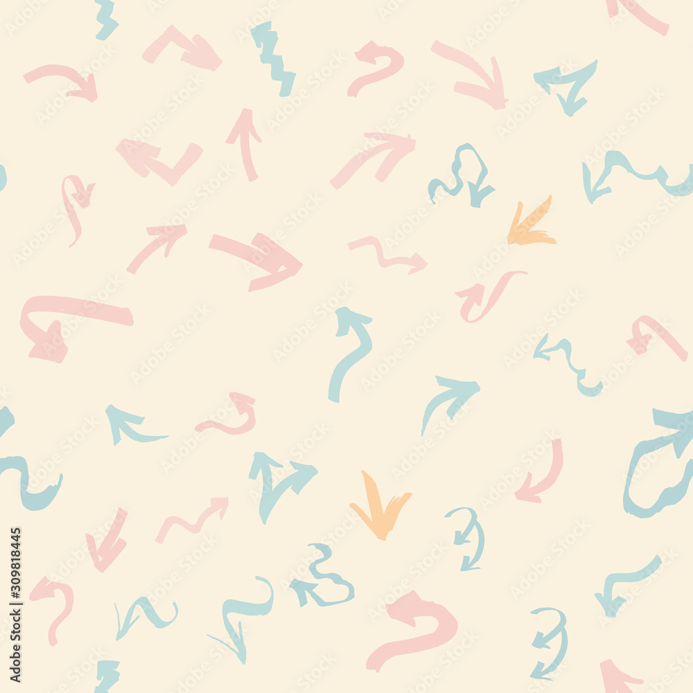 Pink and turquoise graffiti arrows seamless pattern on cream ethnic background.